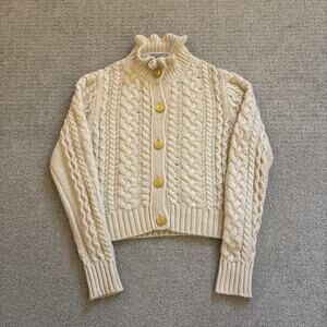 J. Crew Cable Knit Ruffle Neck Cardigan Sweater Butter Cream Women Sz Small